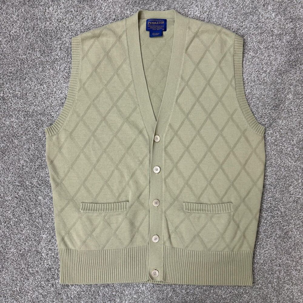 Pendleton Sweater Vest Men Large Green Argyle Cotton Knit Button Front Librarian